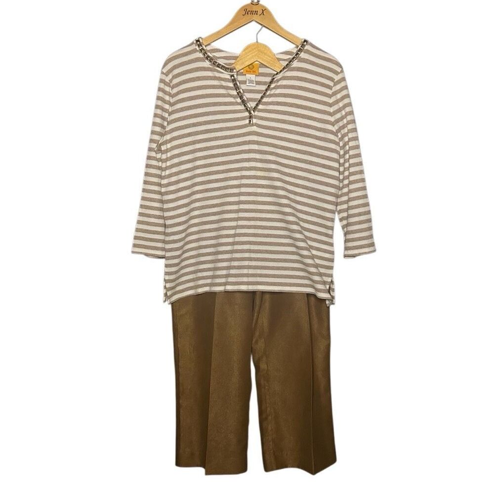 Ruby Rd. Brown Long Sleeve Striped Tunic Size L & Pull On Ankle Pants Size 14P